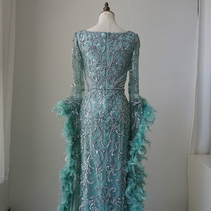 Alacati Flared Sleeves Mermaid Turquoise Beaded Feather Luxury Evening Dresses Gowns for Formal Occasion 2025