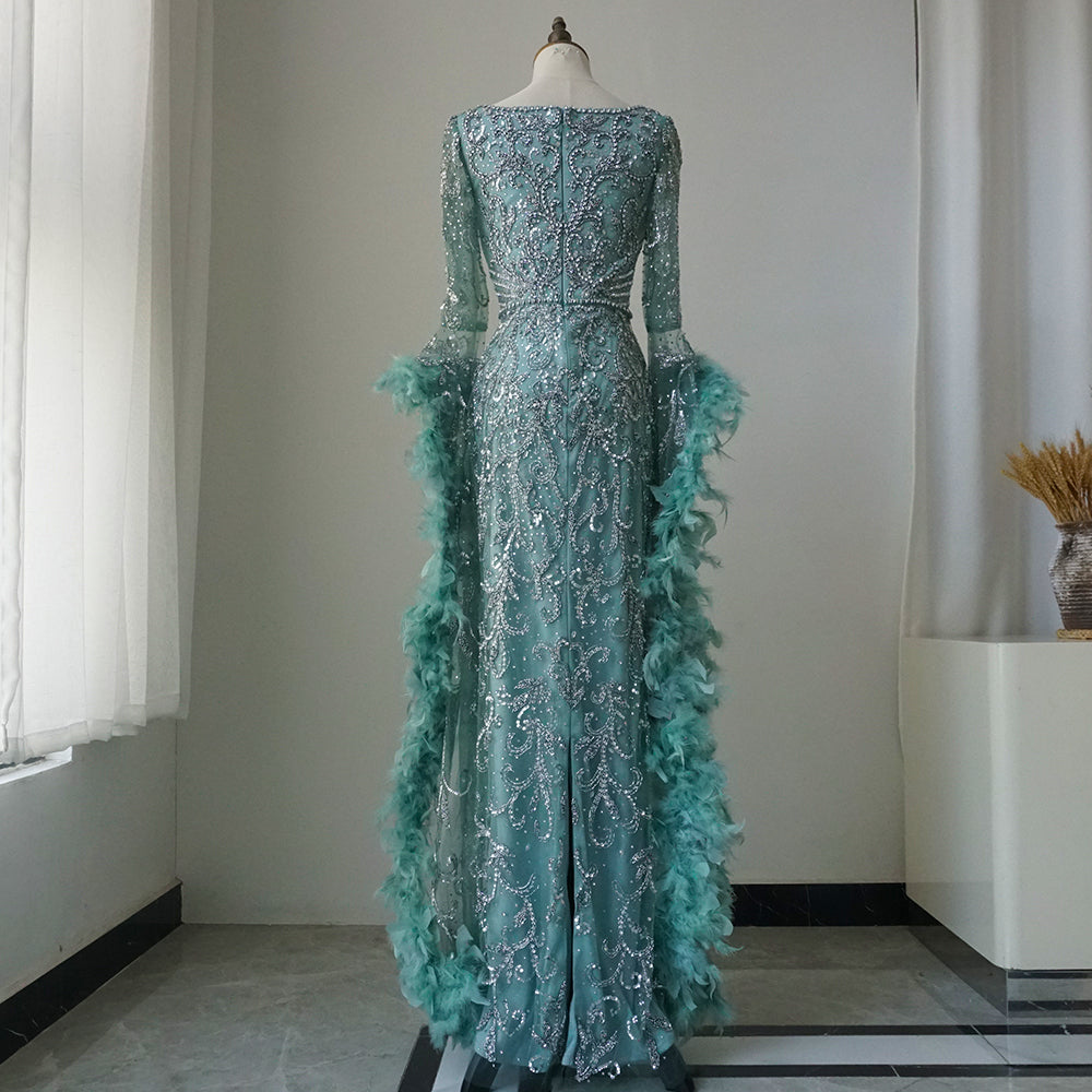Alacati Flared Sleeves Mermaid Turquoise Beaded Feather Luxury Evening Dresses Gowns for Formal Occasion 2025