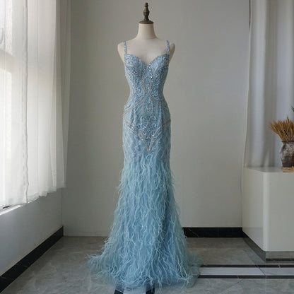 Arabic Blue Spaghetti Strap Feathers Beaded Luxury Dubai Evening Dresses Gowns For Women Wedding Party 2025