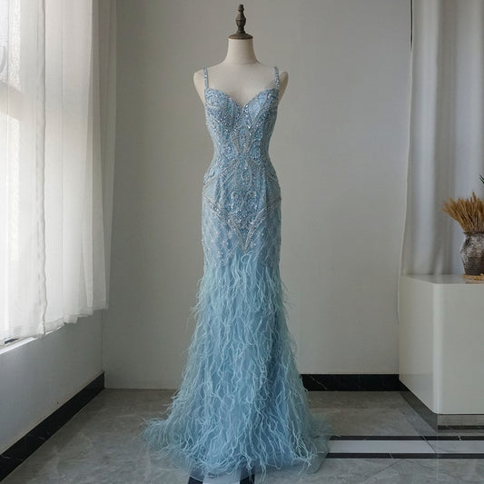 Arabic Blue Spaghetti Strap Feathers Beaded Luxury Dubai Evening Dresses Gowns For Women Wedding Party 2025