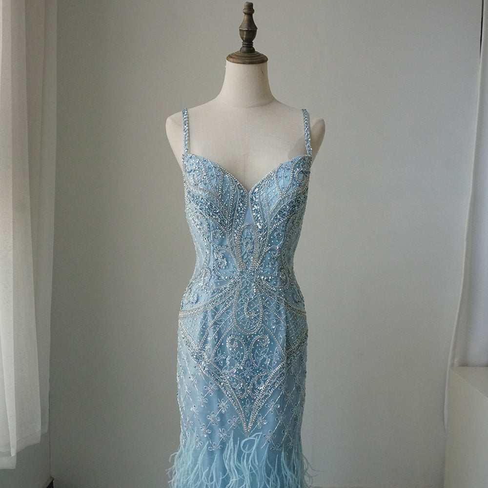 Arabic Blue Spaghetti Strap Feathers Beaded Luxury Dubai Evening Dresses Gowns For Women Wedding Party 2025