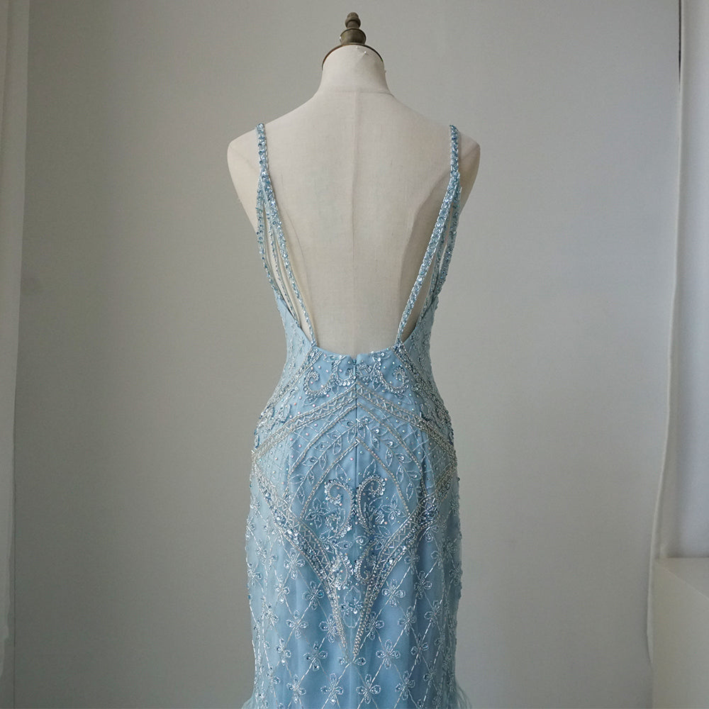 Arabic Blue Spaghetti Strap Feathers Beaded Luxury Dubai Evening Dresses Gowns For Women Wedding Party 2025