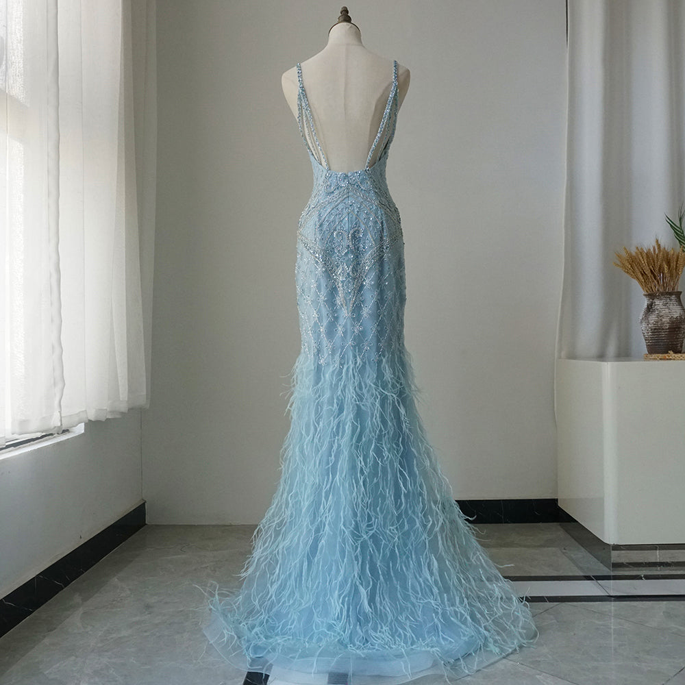 Arabic Blue Spaghetti Strap Feathers Beaded Luxury Dubai Evening Dresses Gowns For Women Wedding Party 2025