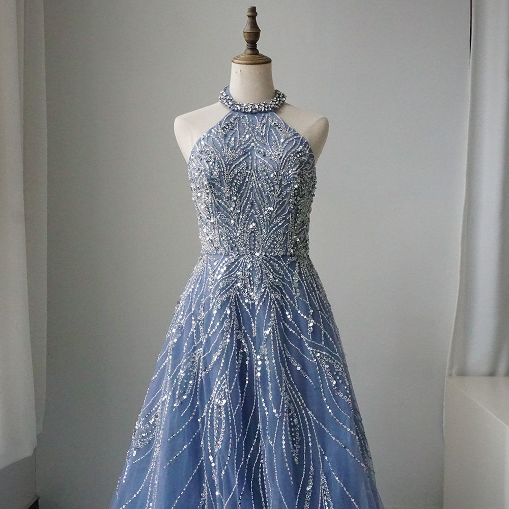 Alacati Elegant Blue Arabic A-line Halter Gown Luxury Dubai Evening Dress for Women Wedding Party 2025