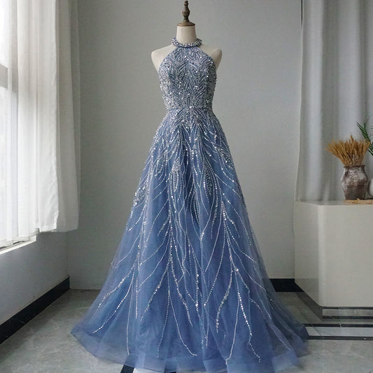 Alacati Elegant Blue Arabic A-line Halter Gown Luxury Dubai Evening Dress for Women Wedding Party 2025