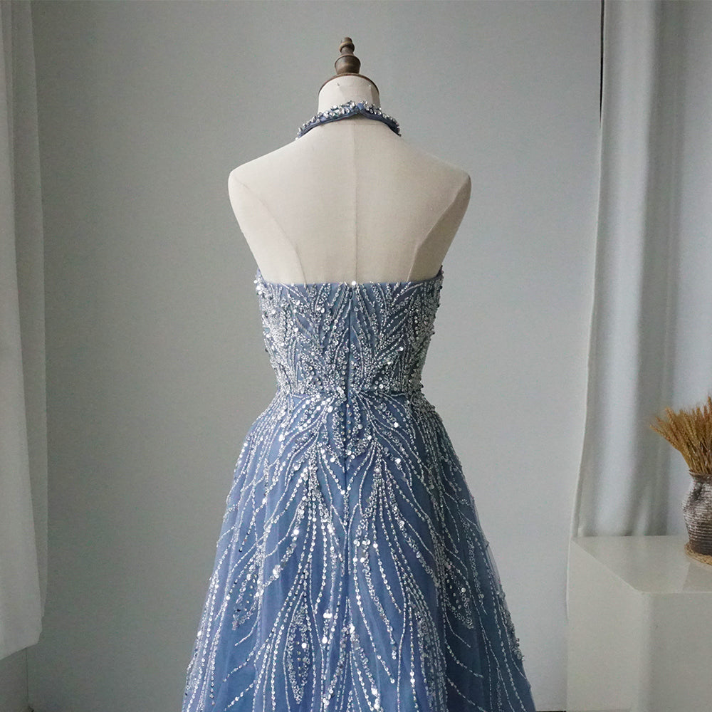 Alacati Elegant Blue Arabic A-line Halter Gown Luxury Dubai Evening Dress for Women Wedding Party 2025