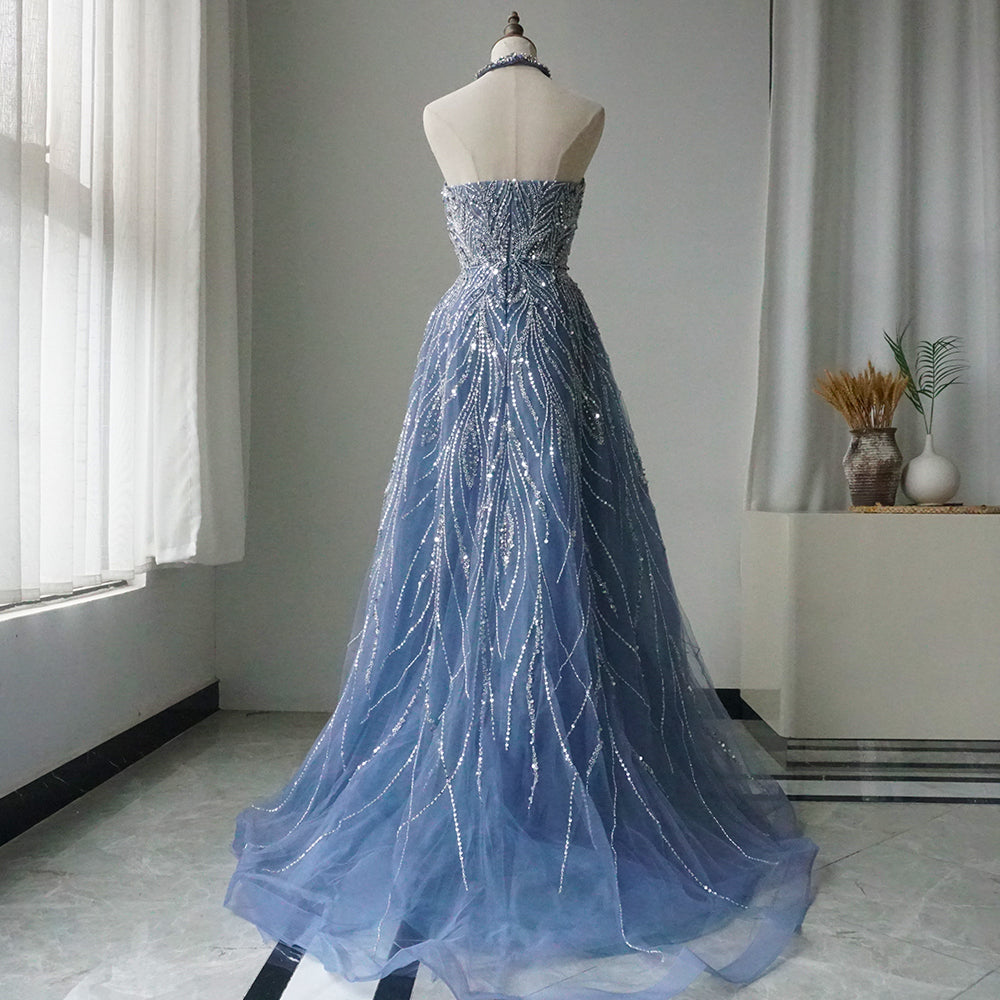 Alacati Elegant Blue Arabic A-line Halter Gown Luxury Dubai Evening Dress for Women Wedding Party 2025