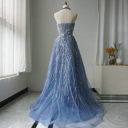 Alacati Elegant Blue Arabic A-line Halter Gown Luxury Dubai Evening Dress for Women Wedding Party 2025