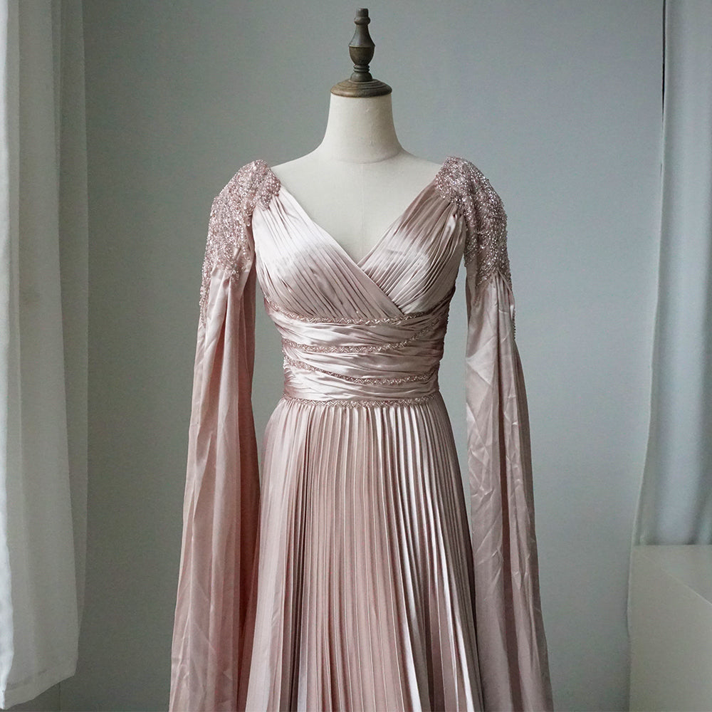 Rose Gold Beaded Satin A-Line Evening Dress Gown with Cape Sleeve ED500696