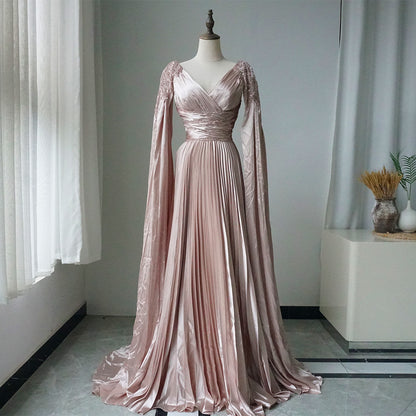 Rose Gold Beaded Satin A-Line Evening Dress Gown with Cape Sleeve ED500696