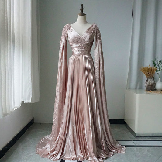 Rose Gold Beaded Satin A-Line Evening Dress Gown with Cape Sleeve ED500696