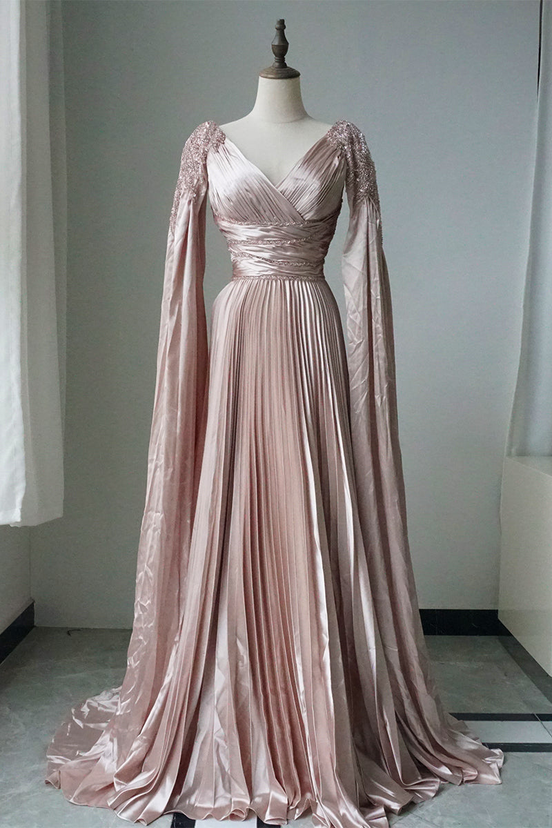 Rose Gold Beaded Satin A-Line Evening Dress Gown with Cape Sleeve ED500696