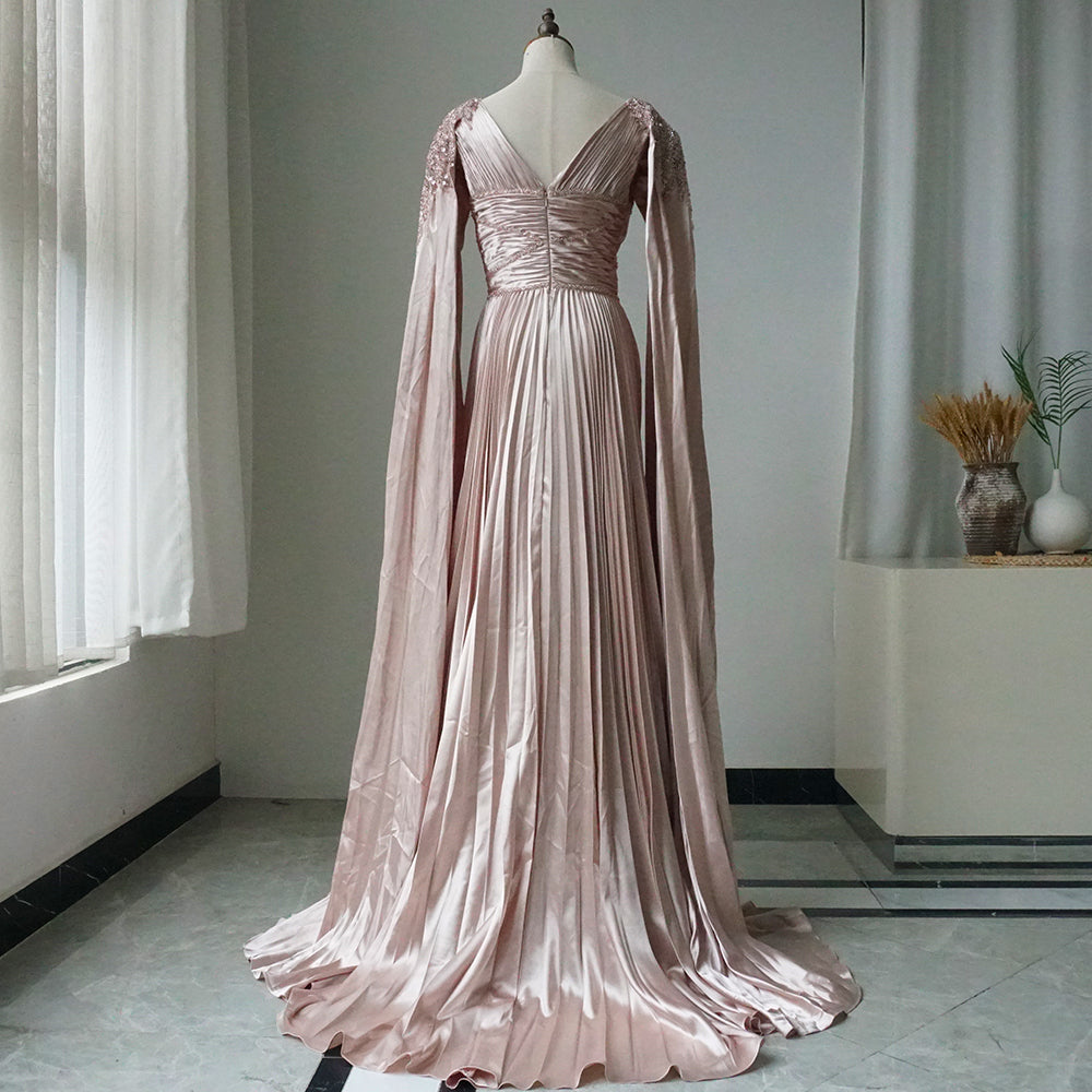 Rose Gold Beaded Satin A-Line Evening Dress Gown with Cape Sleeve ED500696
