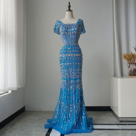 Arabic Luxury Dubai Mermaid Evening Dress with Cap Sleeves