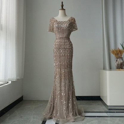 Arabic Luxury Dubai Mermaid Evening Dress with Cap Sleeves
