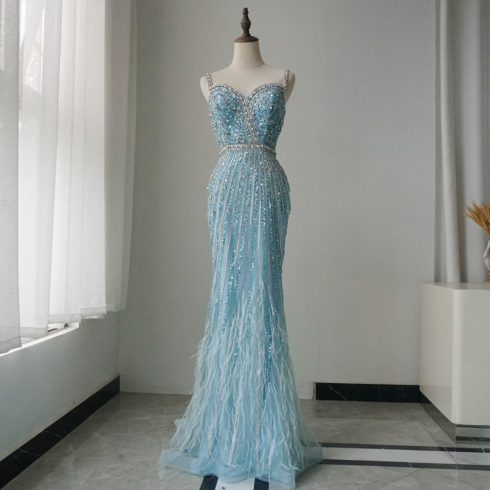 2025 Caramel Spaghetti Strap Mermaid Gown Feathers Beaded Luxury Saudi Evening Dress for Formal Occasion ED500686