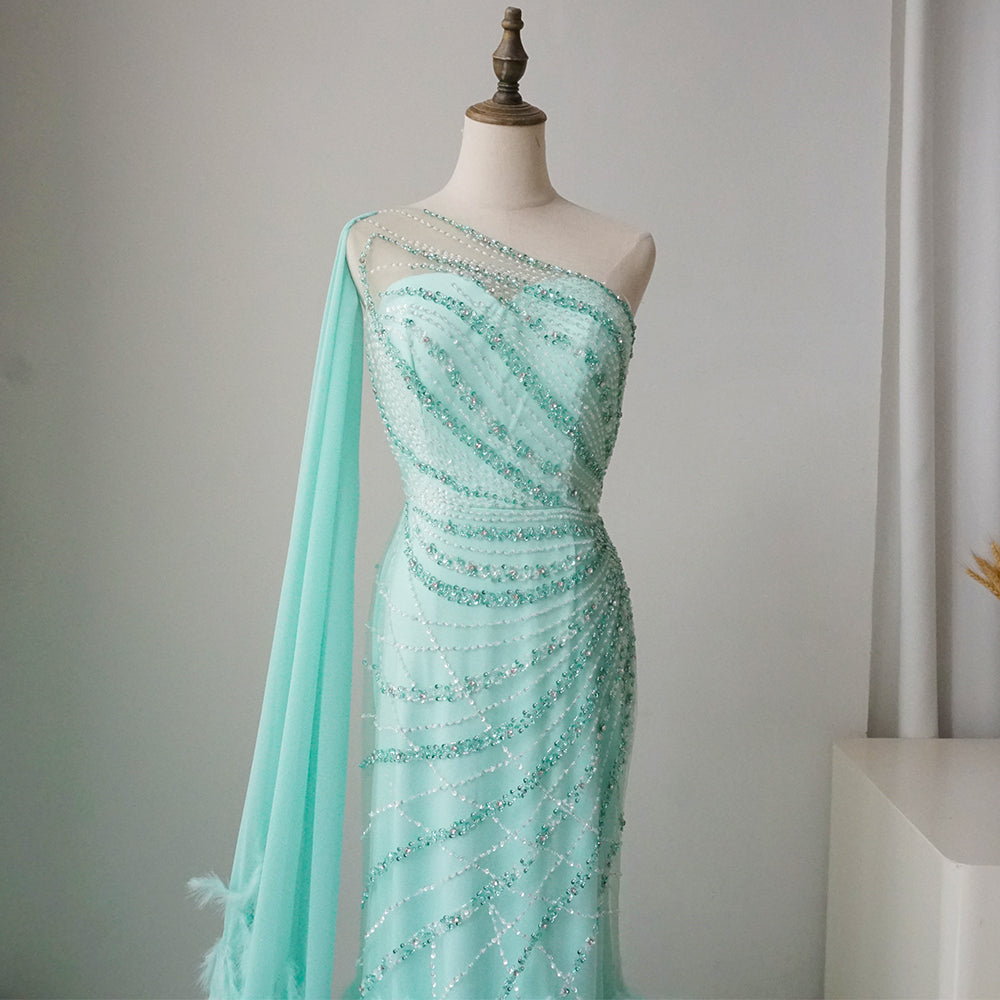 Feather Turquoise Aqua One Shoulder Mermaid Evening Dress with Cape ED500683