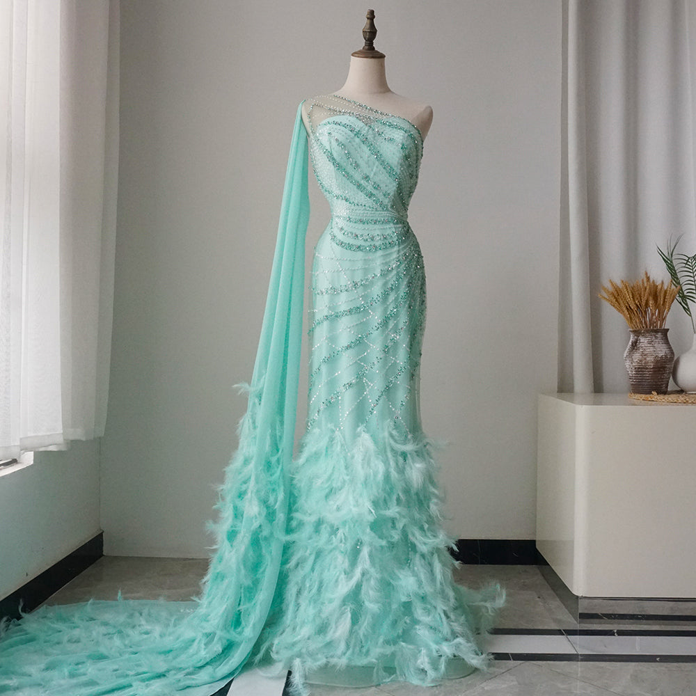Feather Turquoise Aqua One Shoulder Mermaid Evening Dress with Cape ED500683