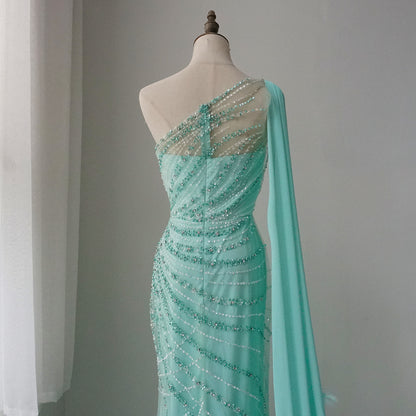 Feather Turquoise Aqua One Shoulder Mermaid Evening Dress with Cape ED500683