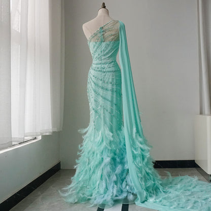 Feather Turquoise Aqua One Shoulder Mermaid Evening Dress with Cape ED500683
