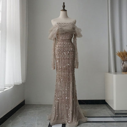 Arabic Luxury Dubai Mermaid Evening Dress with Cap Sleeves
