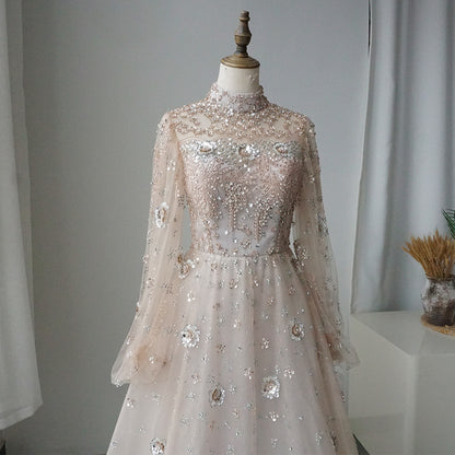 Alacati Elegant Champagne Evening Dress with Long Sleeves