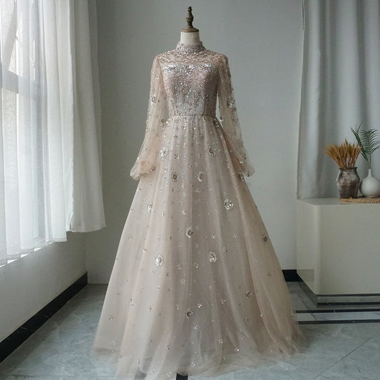 Alacati Elegant Champagne Evening Dress with Long Sleeves