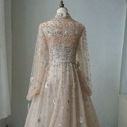 Alacati Elegant Champagne Evening Dress with Long Sleeves