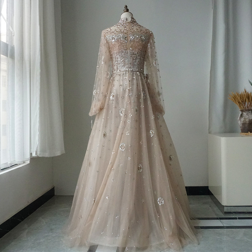 Alacati Elegant Champagne Evening Dress with Long Sleeves