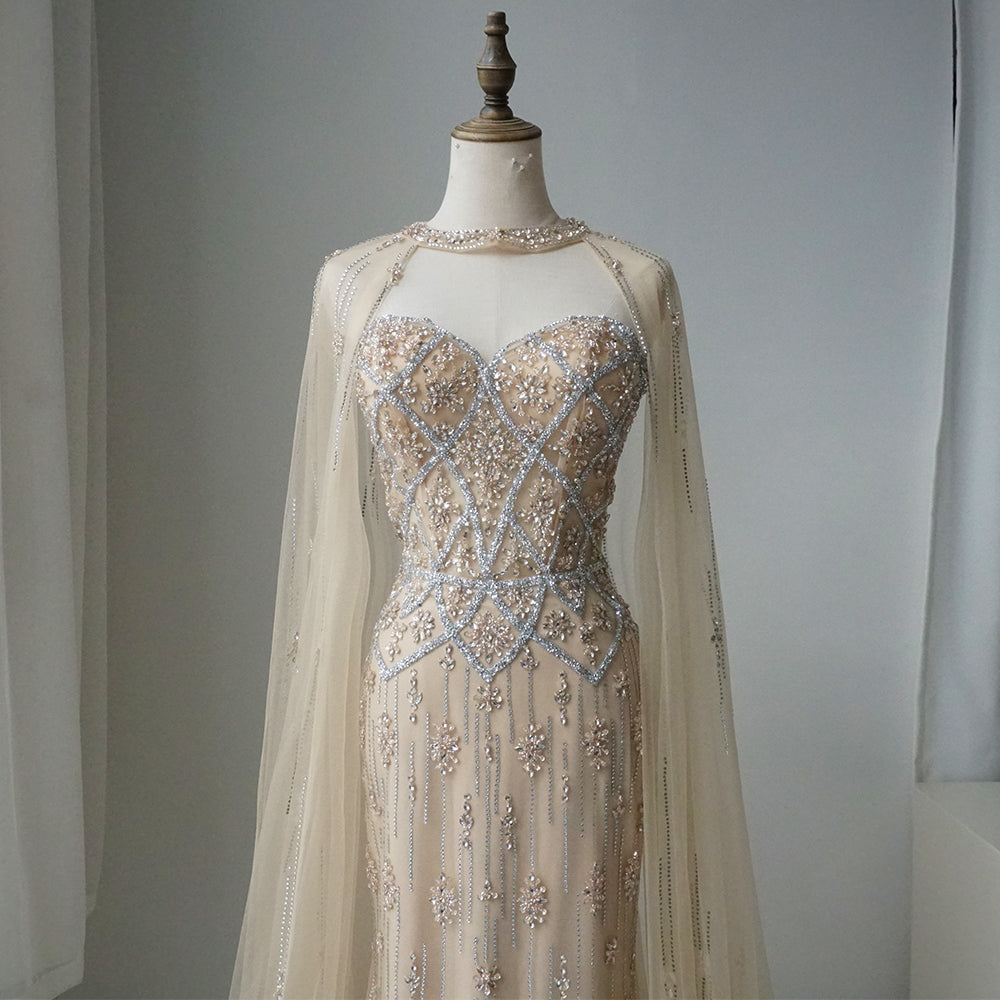 Luxury Dubai Nude Saudi Evening Gown Mermaid Detachable Cape Sleeves Luxury Beaded Dress for Formal Occasion