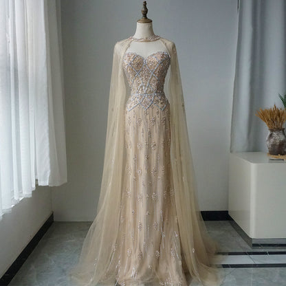 Luxury Dubai Nude Saudi Evening Gown Mermaid Detachable Cape Sleeves Luxury Beaded Dress for Formal Occasion