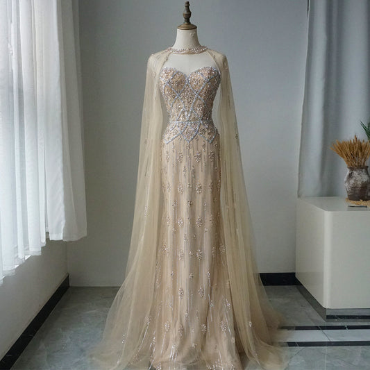 Luxury Dubai Nude Saudi Evening Gown Mermaid Detachable Cape Sleeves Luxury Beaded Dress for Formal Occasion