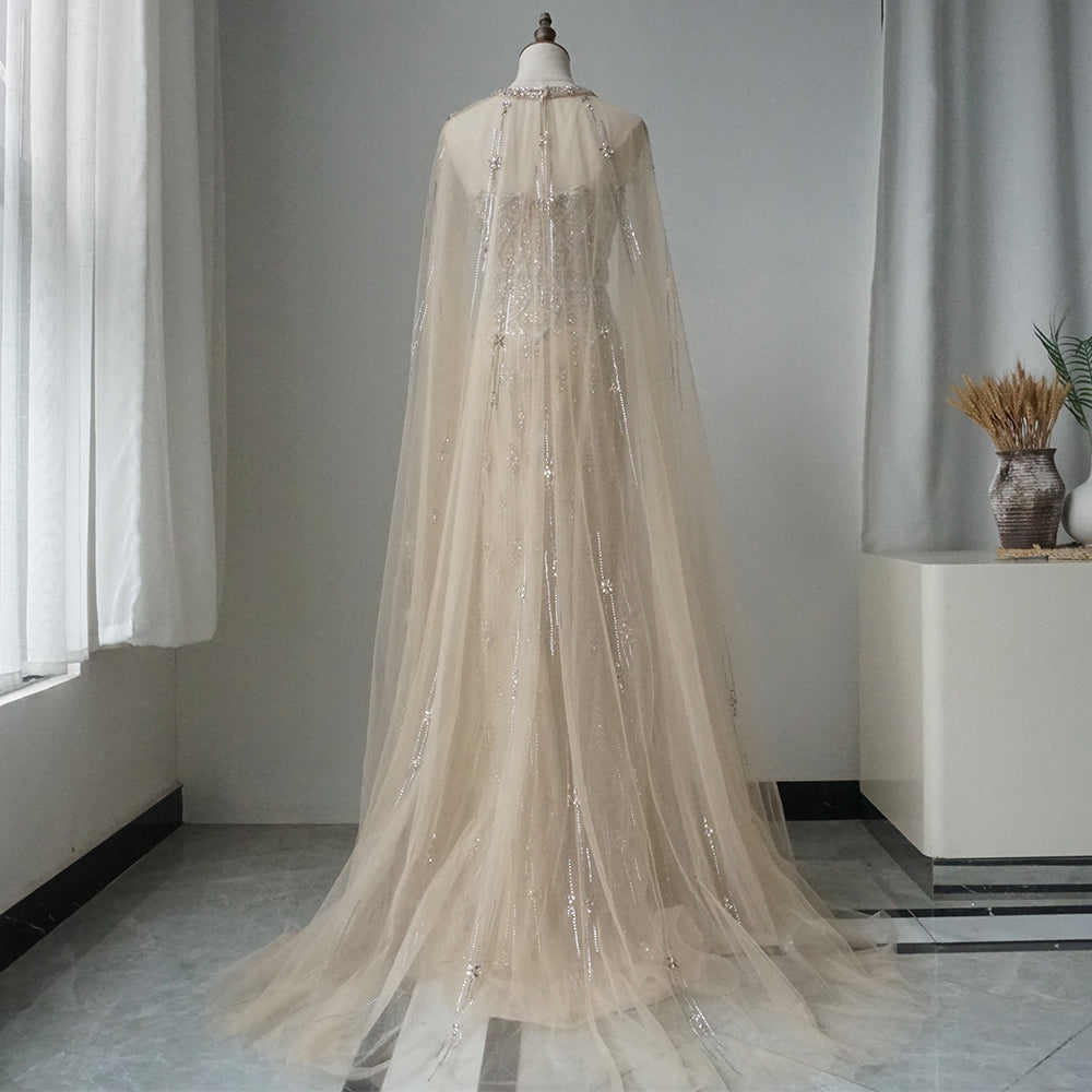 Luxury Dubai Nude Saudi Evening Gown Mermaid Detachable Cape Sleeves Luxury Beaded Dress for Formal Occasion