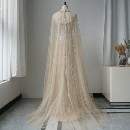 Luxury Dubai Nude Saudi Evening Gown Mermaid Detachable Cape Sleeves Luxury Beaded Dress for Formal Occasion