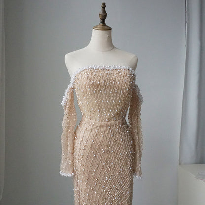 2025 Elegant White Nude Arabic Evening Gown Beaded Dress with Gloves for Formal Occasion