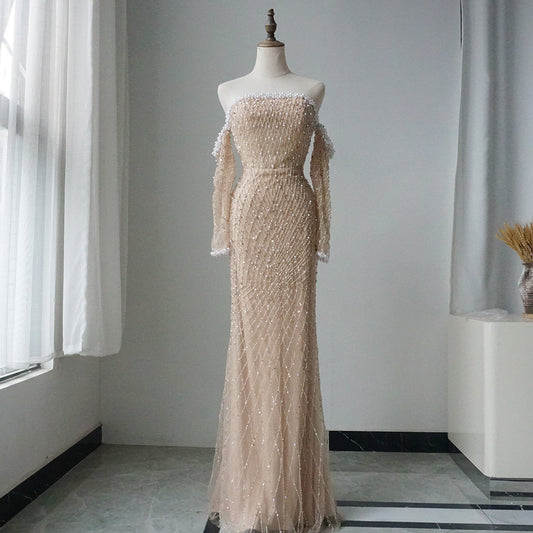 2025 Elegant White Nude Arabic Evening Gown Beaded Dress with Gloves for Formal Occasion