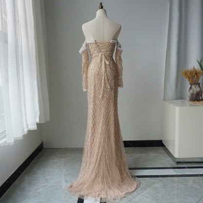 2025 Elegant White Nude Arabic Evening Gown Beaded Dress with Gloves for Formal Occasion