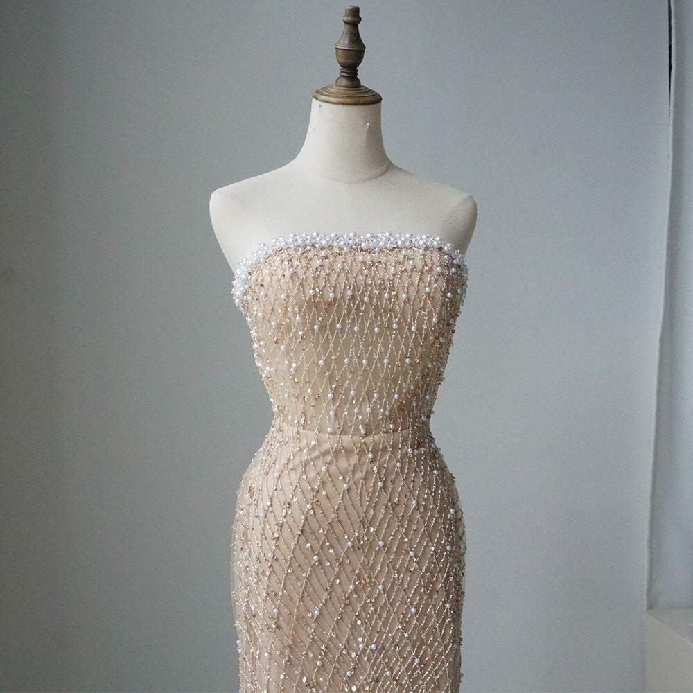 2025 Elegant White Nude Arabic Evening Gown Beaded Dress with Gloves for Formal Occasion