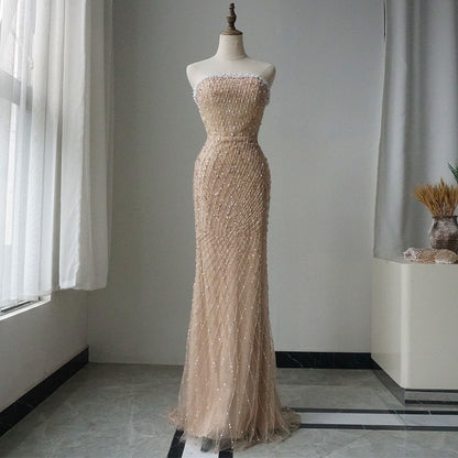 2025 Elegant White Nude Arabic Evening Gown Beaded Dress with Gloves for Formal Occasion