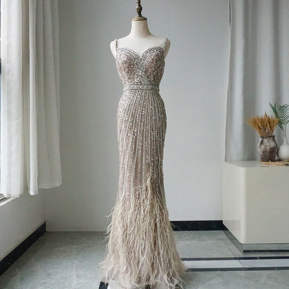 2025 Caramel Spaghetti Strap Mermaid Gown Feathers Beaded Luxury Saudi Evening Dress for Formal Occasion ED500686