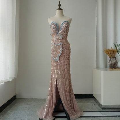 2025 Saudi Arabic Pink Mermaid Evening Dress with High Split for Formal Occasion