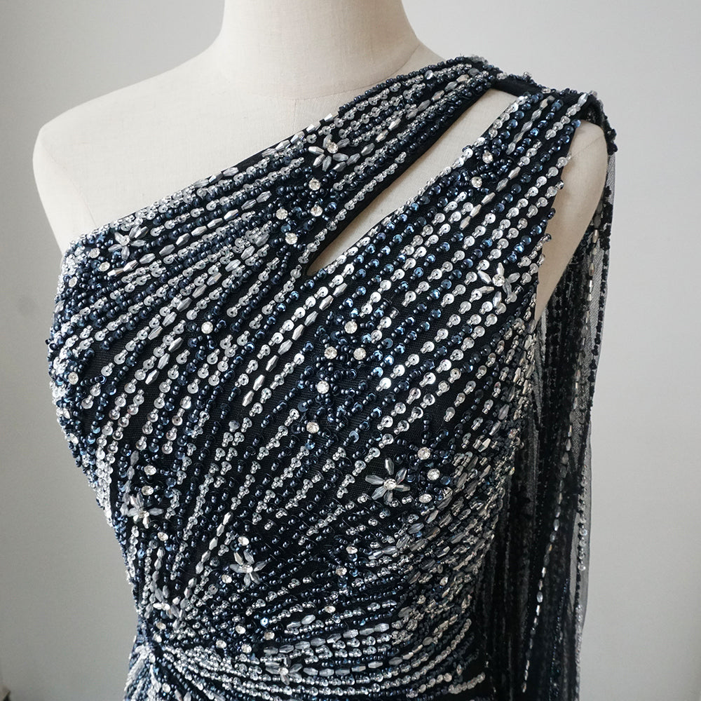 2025 Saudi Black High Split Mermaid One Shoulder Beaded Evening Dresses Gowns for Formal Occasion ED500688