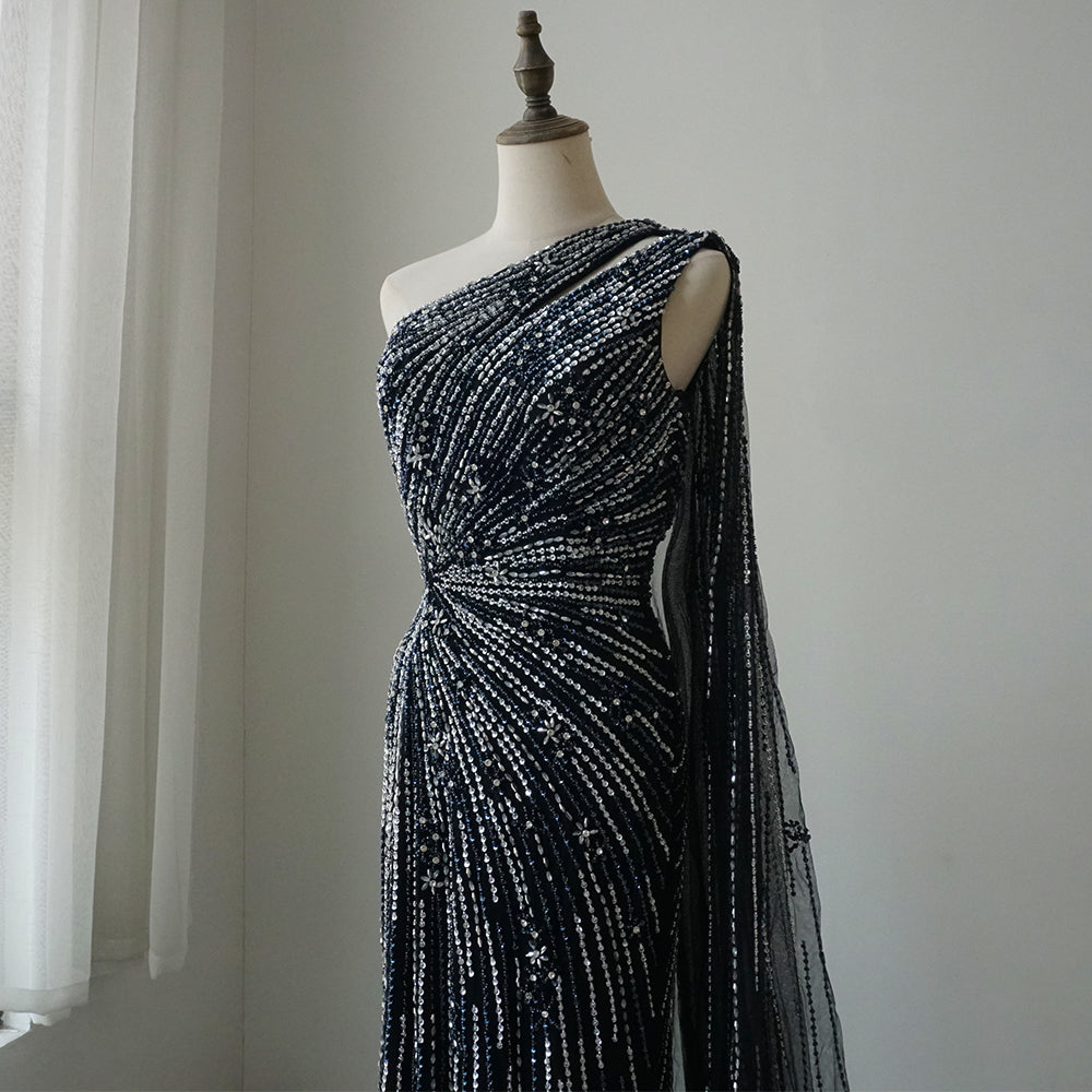 2025 Saudi Black High Split Mermaid One Shoulder Beaded Evening Dresses Gowns for Formal Occasion ED500688