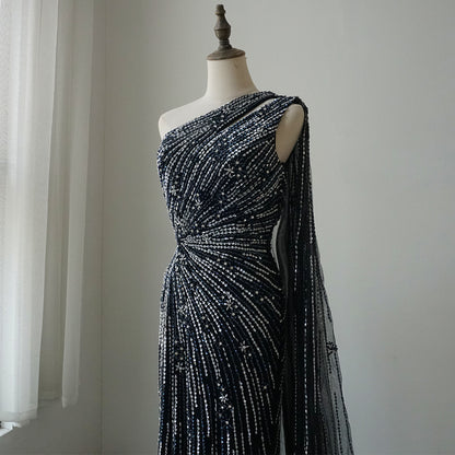 2025 Saudi Black High Split Mermaid One Shoulder Beaded Evening Dresses Gowns for Formal Occasion ED500688