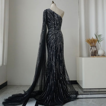 2025 Saudi Black High Split Mermaid One Shoulder Beaded Evening Dresses Gowns for Formal Occasion ED500688