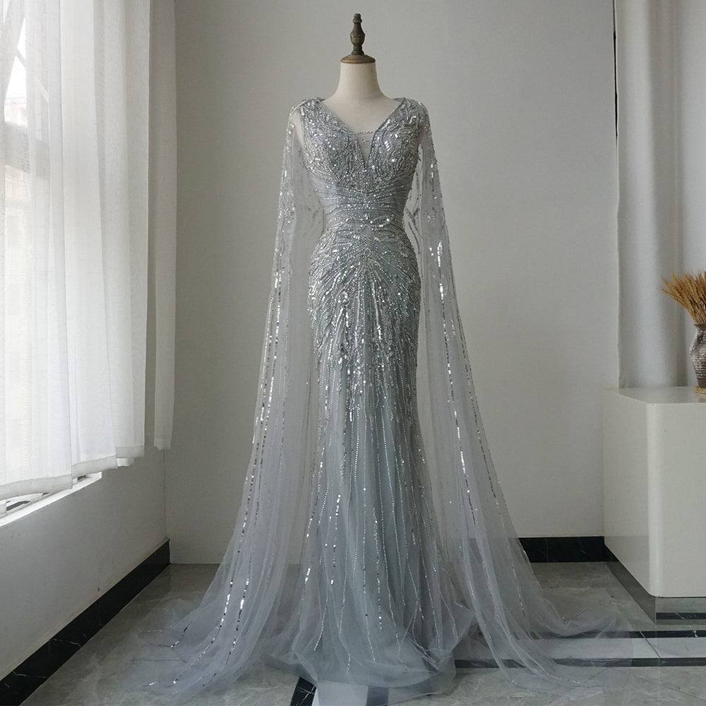 Luxury Dubai Turquoise Mermaid Evening Dresses with Cape V-Neck