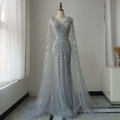 Luxury Dubai Turquoise Mermaid Evening Dresses with Cape V-Neck