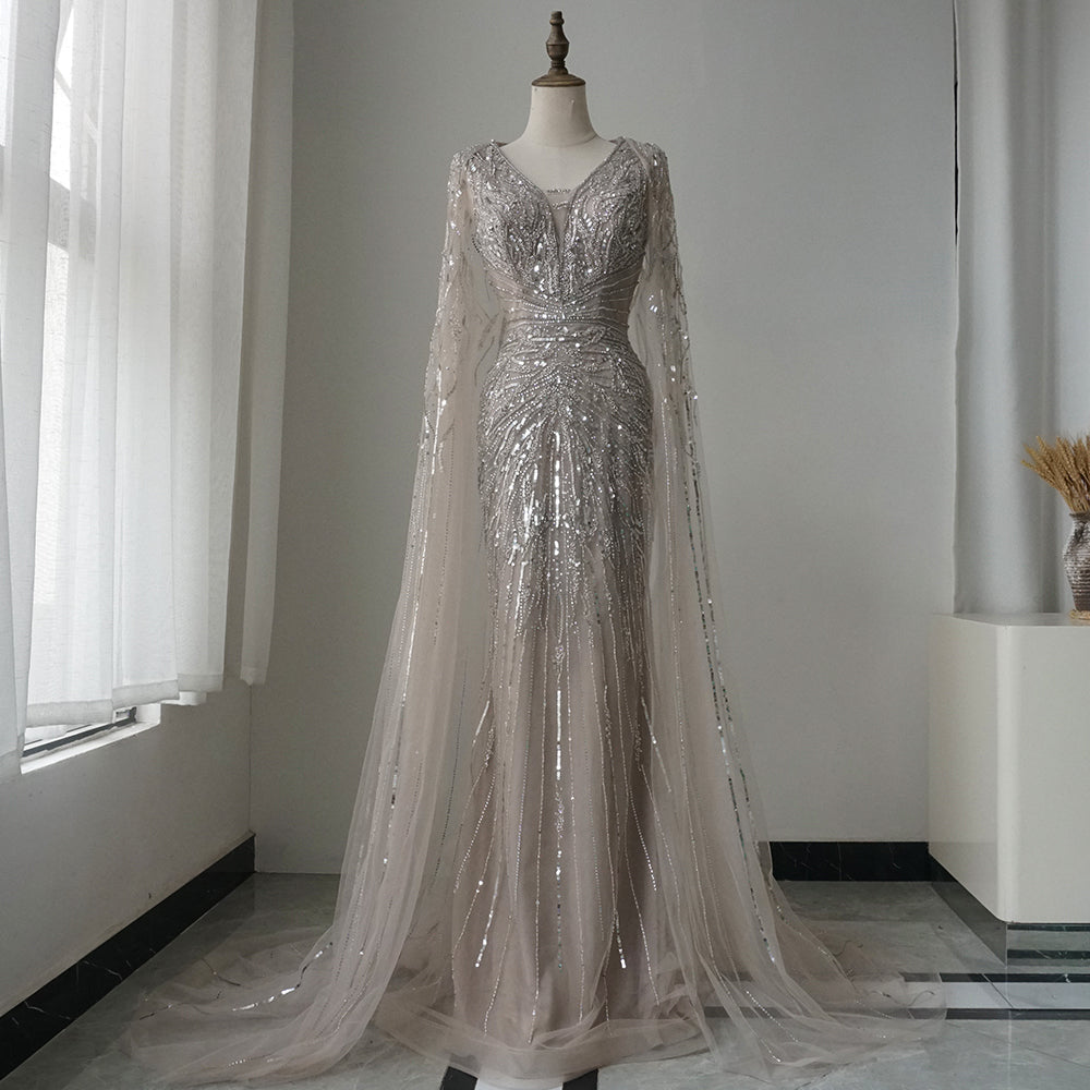 Luxury Dubai Turquoise Mermaid Evening Dresses with Cape V-Neck