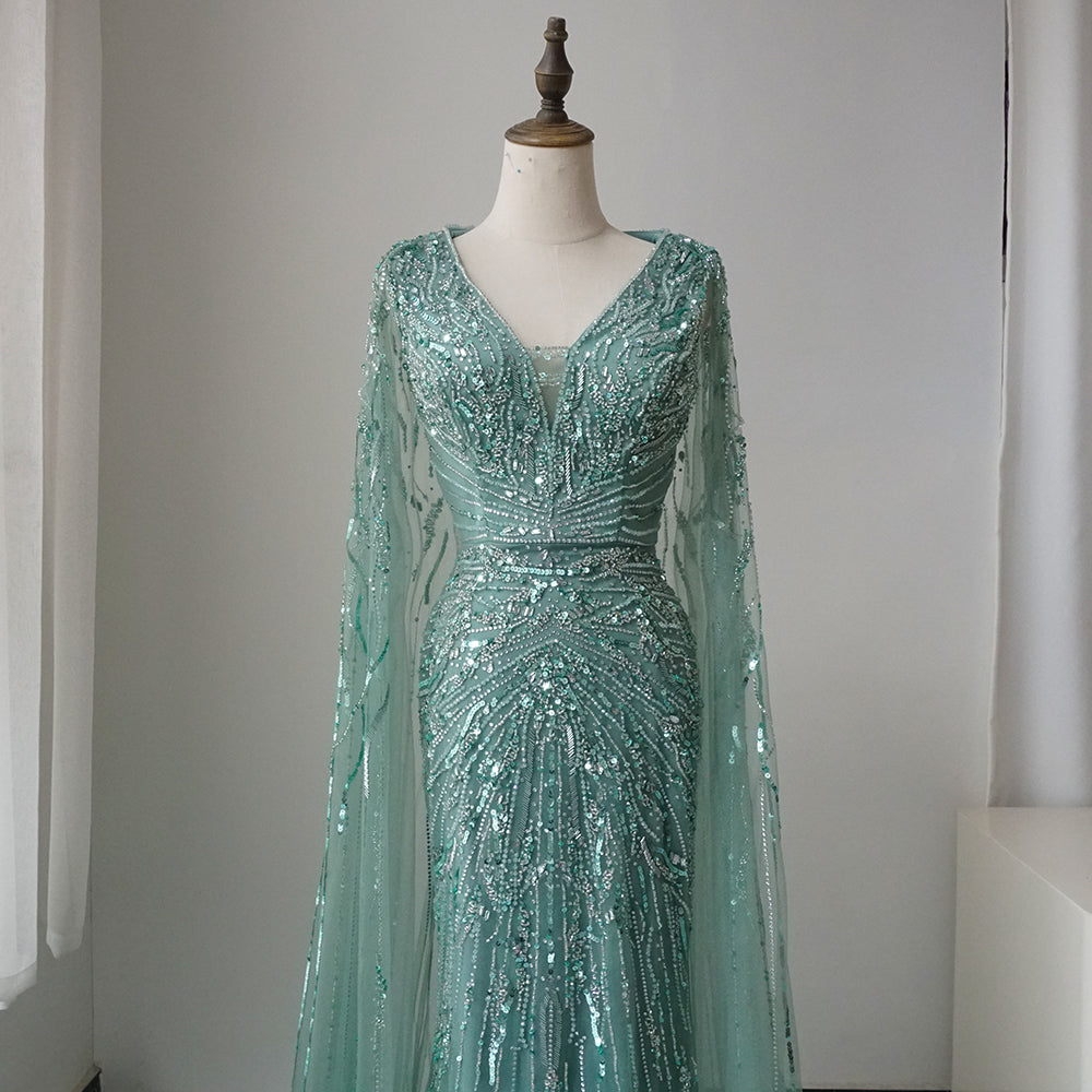 Luxury Dubai Turquoise Mermaid Evening Dresses with Cape V-Neck