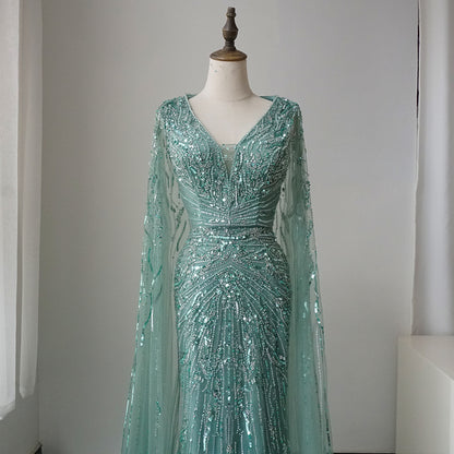 Luxury Dubai Turquoise Mermaid Evening Dresses with Cape V-Neck